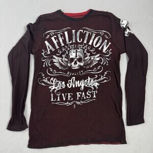 Affliction Reversible Long Sleeve Thermal Shirt Mens M Red Black Skull Cross USA